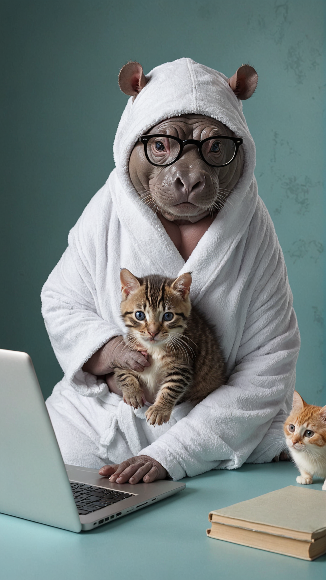 03320-617161137-Cute hippo with black glasses and white bathrobe typing on laptop with a cute kitten on its head, Jamie Hayden, George Stubbs, P.png